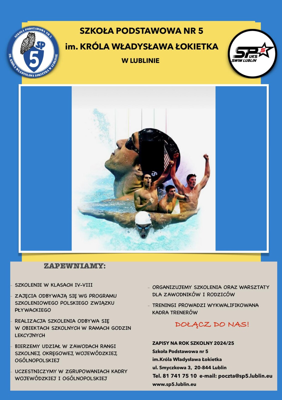 Ulotka reklamująca klasy Mistrzostwa Sportowego w pływaniu, tekst napisany pod obrazem pływaka.
