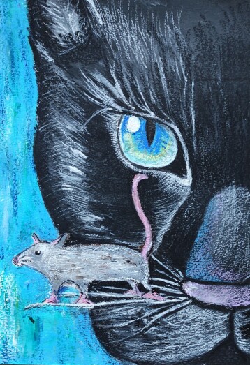 Praca uczennicy przedstawiająca kota z myszą.