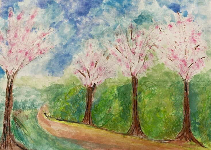1.	Rysunek wykonany akwarelą przedstawiający wiosenny krajobraz – aleja kwitnących na różowo drzew.