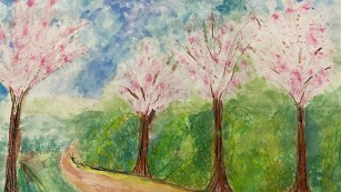 1.	Rysunek wykonany akwarelą przedstawiający wiosenny krajobraz – aleja kwitnących na różowo drzew.